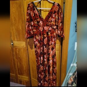 Johnny Was Red and Orange Floral Velvet Maxi Dress